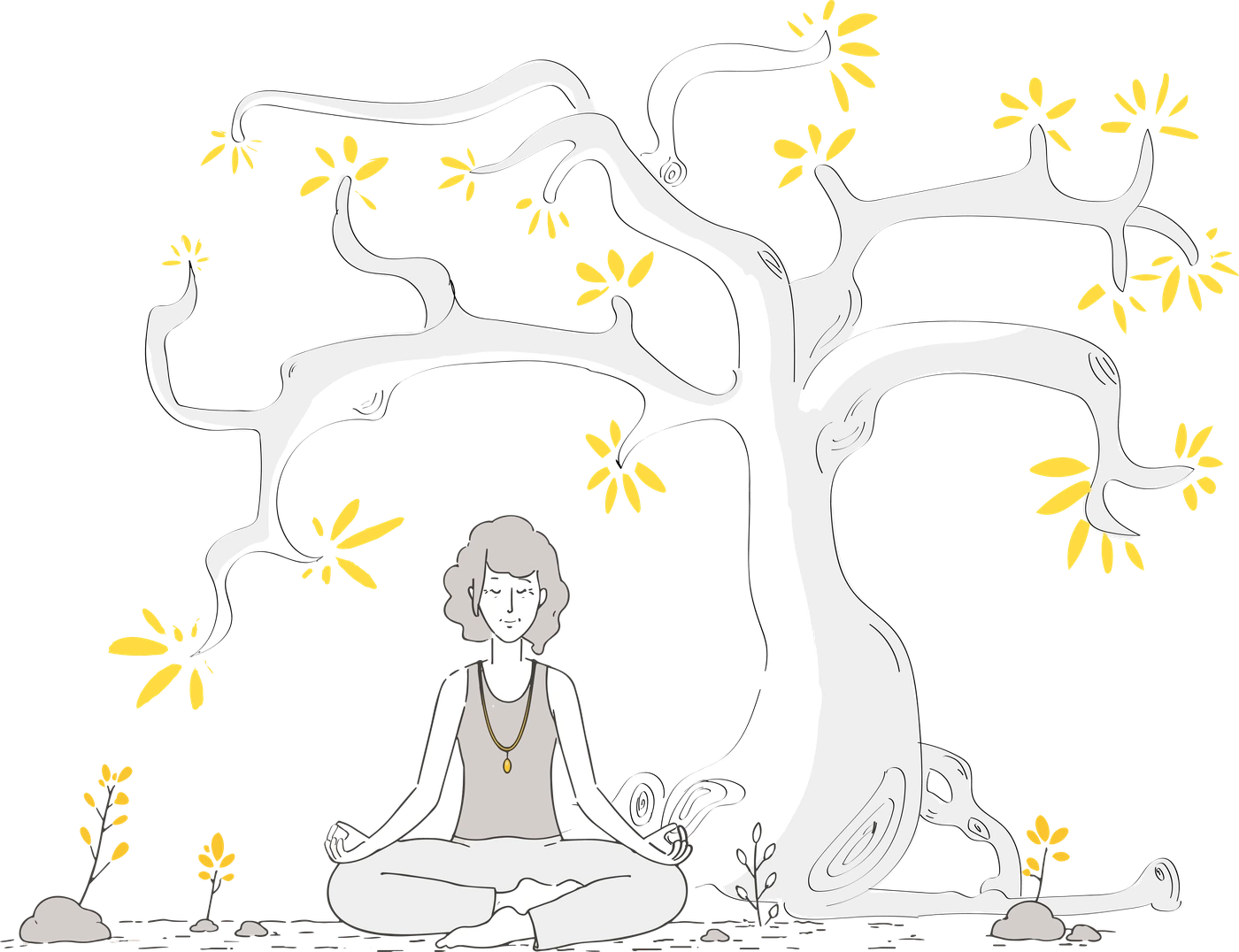 Illustration d'une femme assise en méditation au pied d'un grand arbre, un oiseau posé sur une branche