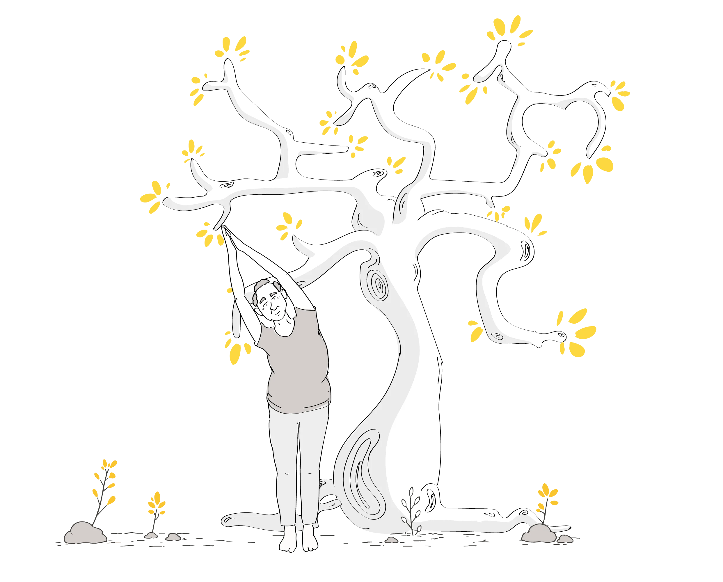 Illustration d'une personne pratiquant le Yoga intégral au pied d'un grand arbre