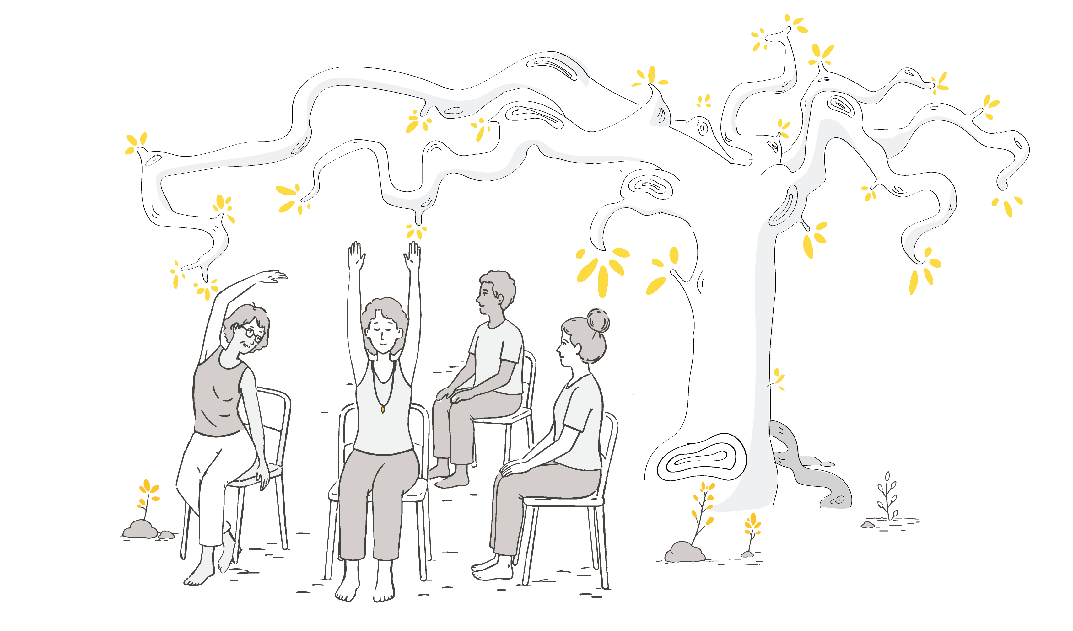 Illustration de personnes pratiquant le yoga assises sur des chaises