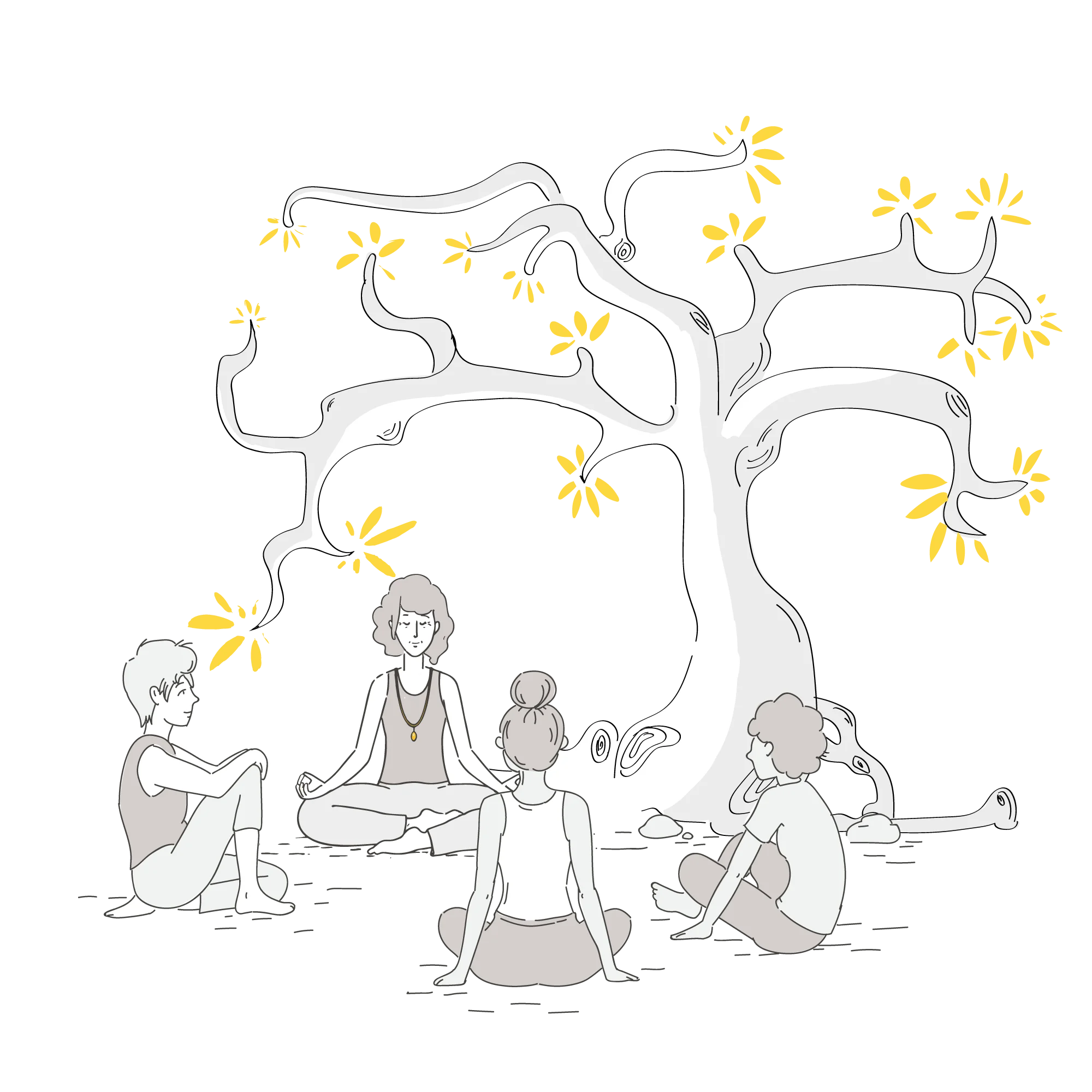 Illustration d'un petit groupe assis en cercle autour d'une enseignante, au pied d'un arbre