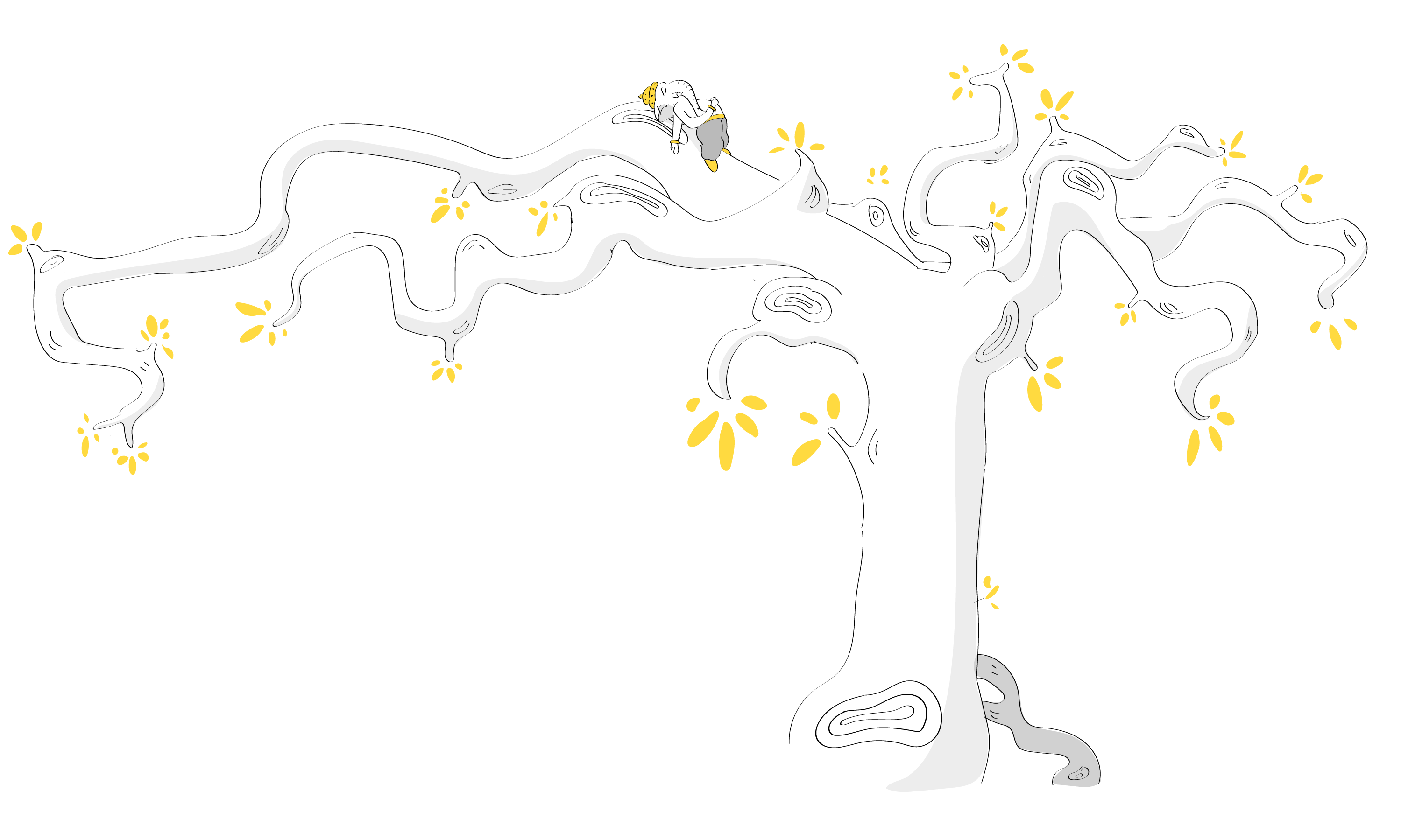 Illustration d'un grand arbre aux branches feuillues, avec une personne assise en méditation sur l'une des branches