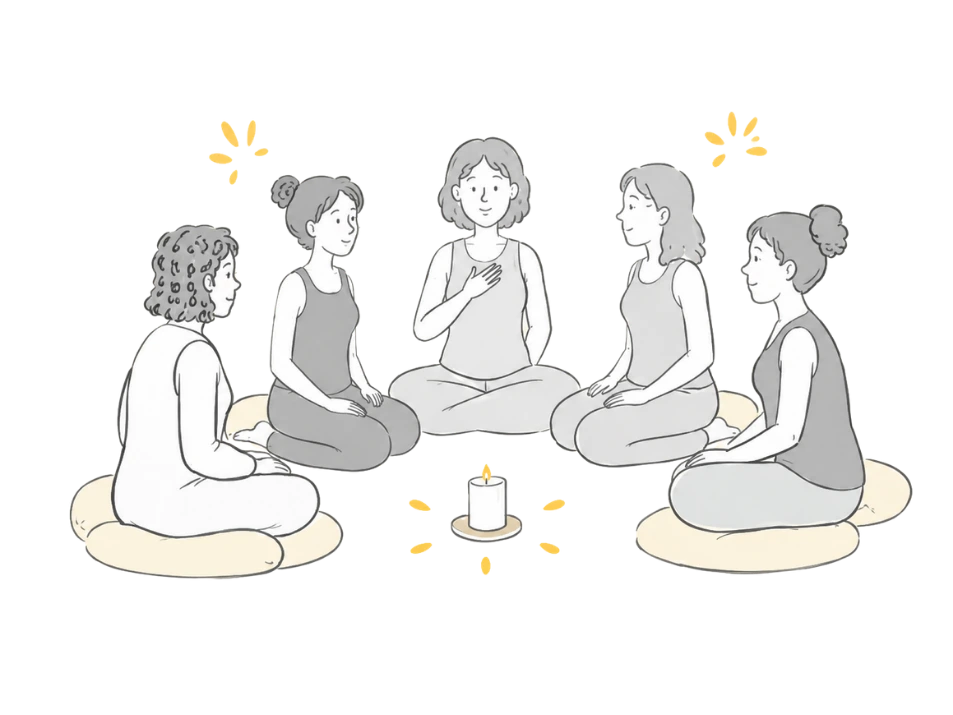 Illustration de cinq femmes assises en cercle autour d'une bougie