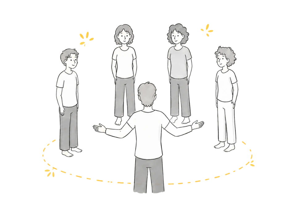Illustration d'un groupe de personnes debout en cercle autour d'un participant