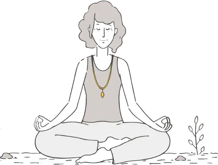 Illustration d'une femme assise en lotus, les mains sur les genoux, devant un soleil et des feuillages