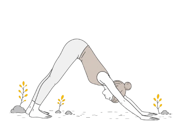 Illustration d'une femme en posture du chien tête en bas, entourée de petites plantes