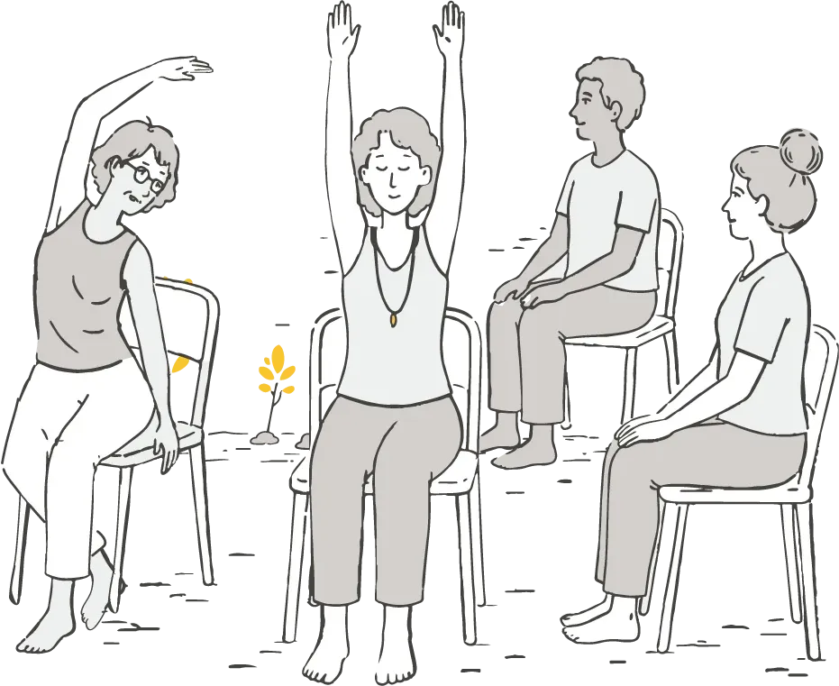 Illustration de trois personnes pratiquant le yoga assises sur des chaises, les bras levés