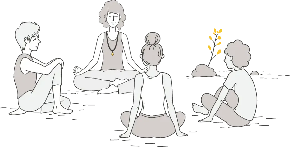 Illustration d'un petit groupe assis en cercle autour d'une enseignante, sous un arbre